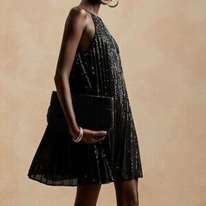 NWT Banana Republic S Pleated Sequin Mini Dress Small Black